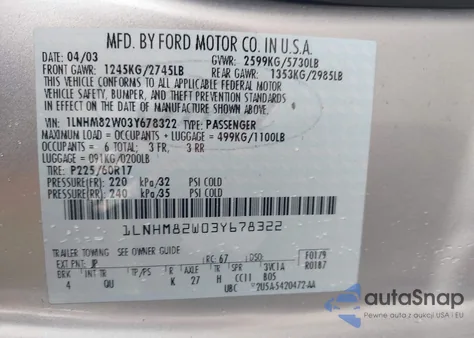 2003 Lincoln Town Car Signature z USA, uszkodzony, nr VIN 1LNHM82W03Y678322